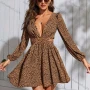 Wholesale Women's Sexy Leopard Print Deep V Neck Long Sleeve Backless Tie Back Ruffle Hem Short Dress preview
