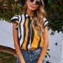 Wholesale Women's Casual Stand Collar Ruffle Sleeve Button Front Multi-color Striped Blouse A20338X# preview