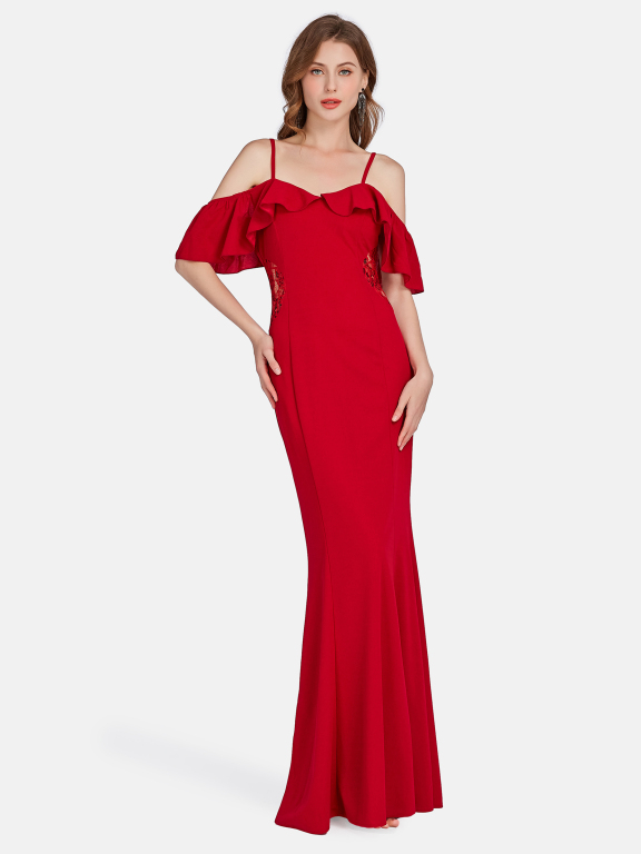 Women's Elegant High Waist Cold Shoulder Ruffle Sleeve Evening Dress 3024#, Clothing Wholesale Market -LIUHUA, All Categories