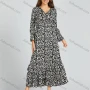 Wholesale Women's Casual Allover Print Ruffle Hem Pearl Decor Poet Sleeve Maxi Dress With Belt M0211# preview