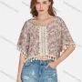 Wholesale Women's Casual Vintage Round Neck Floral Print Tassel Crop Blouse E3260# preview