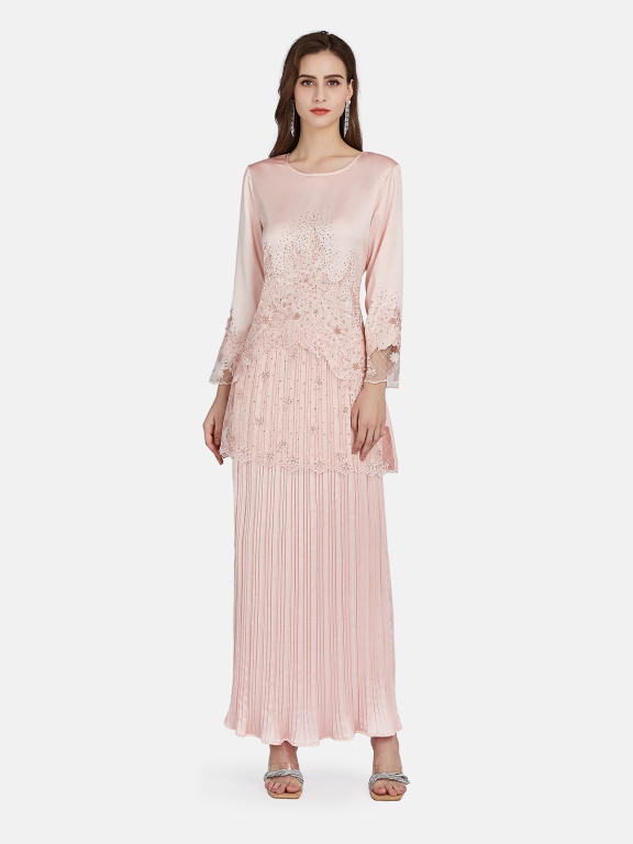 Women's Elegant Embroidery Pearls Rhinestones Appliques Long Sleeve Mesh Stitching Tops & Pleated Ruffle Hem Maxi Skirts, LIUHUA Clothing Online Wholesale Market, All Categories