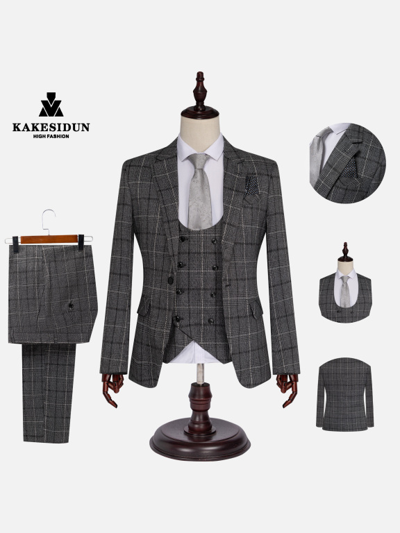 Men's Formal Lapel Plaid Pockets Blazer & Waistcoat & Pant 3 Pieces Suit Sets, Clothing Wholesale Market -LIUHUA, All Categories