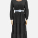 Women's Casual Plain Round Neck Long Sleeve Ruffle Hem Maxi Dress With Belt CY165# Black Clothing Wholesale Market -LIUHUA