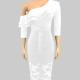 Women's Elegant Plain Slanted Shoulder Ruffle Trim Guipure Lace Bodycon Midi Evening Dress With Belt CY189# White Clothing Wholesale Market -LIUHUA