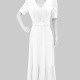 Women's Elegant Plain V Neck Puff Sleeve Maxi Dress With Belt CY201# White Clothing Wholesale Market -LIUHUA