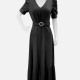 Women's Elegant Plain V Neck Puff Sleeve Maxi Dress With Belt CY201# Black Clothing Wholesale Market -LIUHUA
