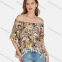 Wholesale Women's Casual Vintage Off Shoulder Allover Print Half Sleeve Tassel Blouse E3282# preview