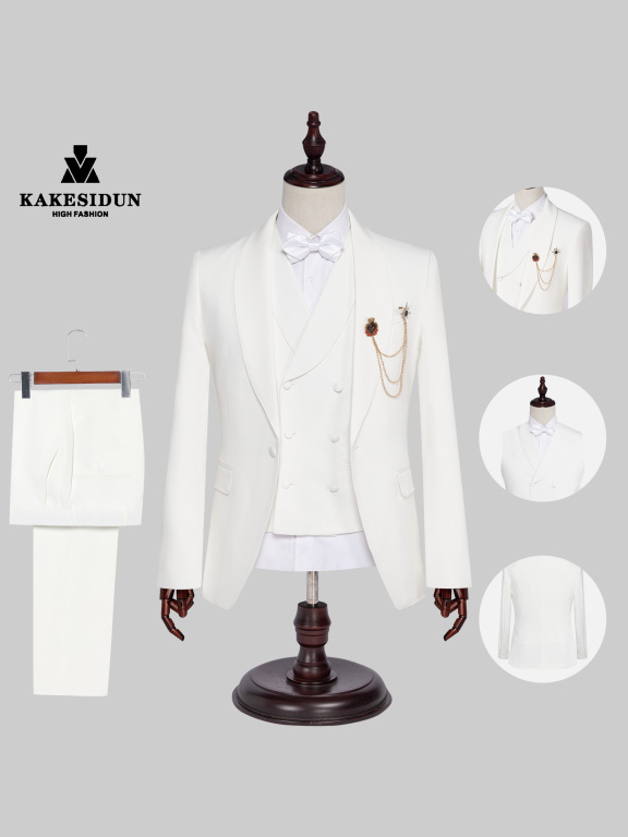 Men's Formal Lapel Plain Chain Decor Pockets Blazer & Waistcoat & Pant 3 Pieces Suit Sets, Clothing Wholesale Market -LIUHUA, All Categories
