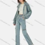 Wholesale Women's Casual Distressed Stand Collar Long Sleeve Buttons Down Jacket & Ankle Length Jean With Belt 2 Piece Denim Set preview