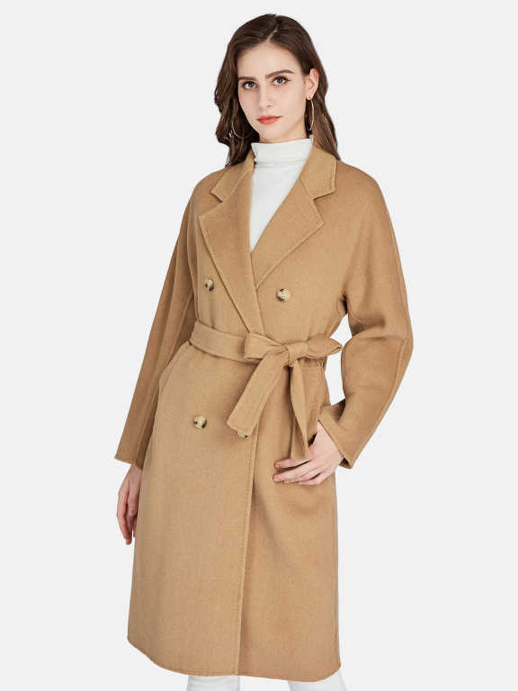 Women's Casual Lapel Tie Front Patch Pockets Double Breasted Woolen Overcoat 2500#, LIUHUA Clothing Online Wholesale Market, All Categories