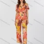 Wholesale Women's Casual Tie Dye Allover Leaf Print Lapel Short Sleeve Wide Leg Jumpsuit K1458# preview