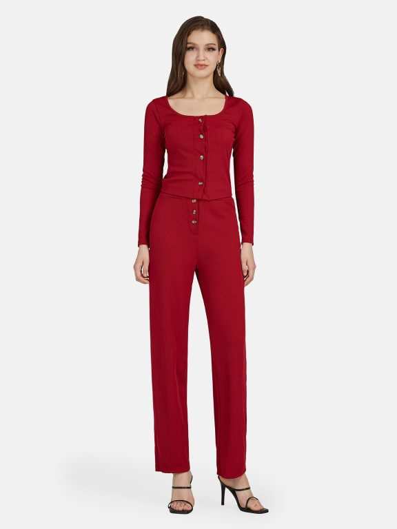 Women's Casual Plain Long Sleeve Button Down Crop Top 2-Piece Set, Clothing Wholesale Market -LIUHUA, All Categories