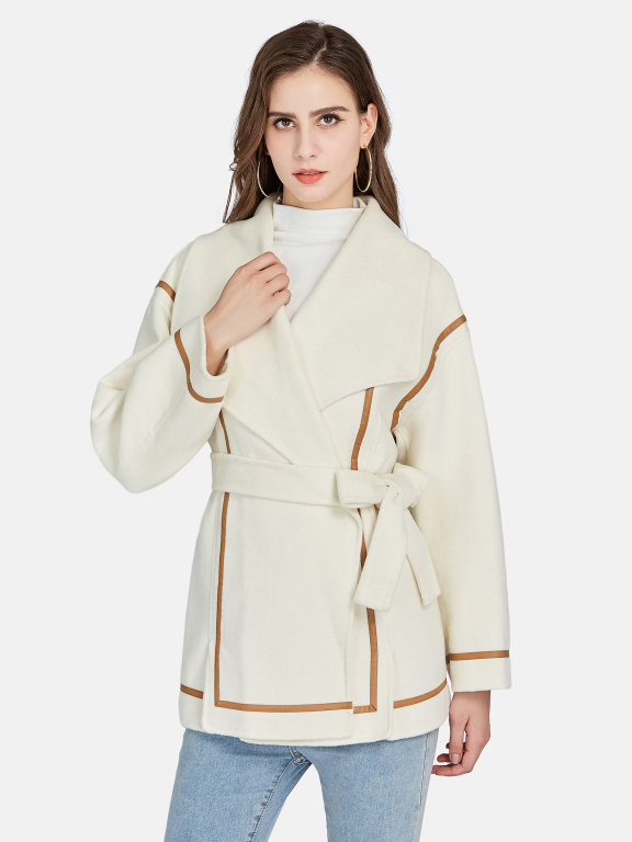 Women's Casual Collared Striped Tie Front Woolen Coat 0222#, LIUHUA Clothing Online Wholesale Market, Women, Women-s-Outerwear, Women-s-Coat