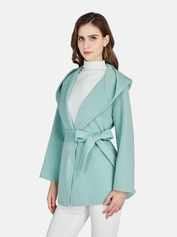 Women's Casual Hooded Plain Double Breasted Tie Front Woolen Coat 0111#, LIUHUA Clothing Online Wholesale Market, Women, Women-s-Outerwear, Women-s-Coat