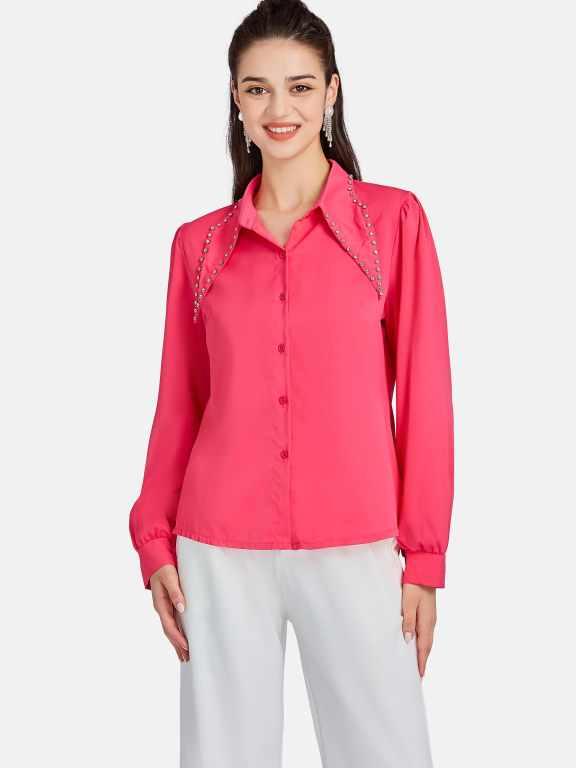 Women's Plain Peter Pan Collar Rhinestones Long Sleeve Shirt LL-3303#, Clothing Wholesale Market -LIUHUA, Women, Women-s-Outerwear, Cape-Poncho