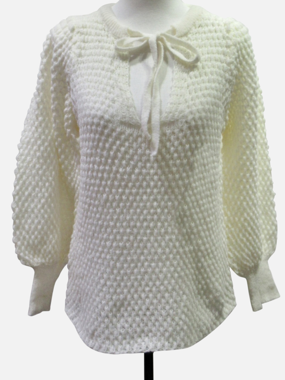 Women's Casual Tie Neck Lantern Sleeve Plain Knit Top 25222#, Clothing Wholesale Market -LIUHUA, All Categories