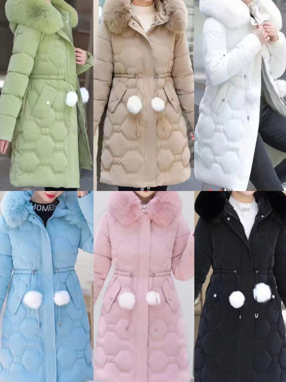 Women's Casual Fuzzy Hooded Pom Pom Mid Length Puffer Coat 903#, Clothing Wholesale Market -LIUHUA, All Categories