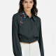 Women's Plain Peter Pan Collar Rhinestones Patch Pockets Elastic Waist Long Sleeve Crop Shirt A84# Clothing Wholesale Market -LIUHUA