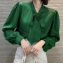 Wholesale Women's Casual Tie Neck Puff Sleeve Bow Knot 3D Floral French Shirt preview
