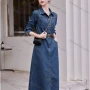 Wholesale Women's Casual Plain Button Front Split Hem Patch Pocket Long Sleeve Shirt Denim Midi Dress With Belt preview