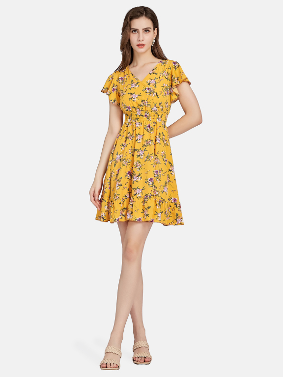 Women's Casual Floral V Neck Ruffle Sleeve High Waist Shirred Dress 2926#, LIUHUA Clothing Online Wholesale Market, Women, Dress