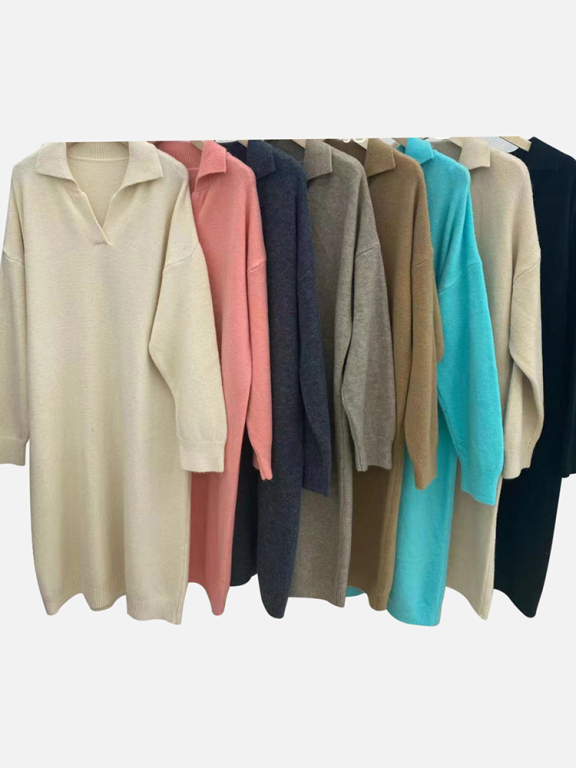 Women's Casual Plain Turn-down Collar Long Sleeve Midi Sweater Dress 809#, Clothing Wholesale Market -LIUHUA, All Categories