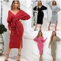 Wholesale Women's Fashion Plain Split Side Wrap Open Back Long Sleeve Knit Midi Dress With Belt preview