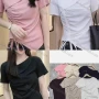 Wholesale Women's Casual Plain Asymmetrical Neck Short Sleeve Drawstring Top preview