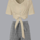 Women's V-neck Button Front Ties Shirt & Grid Print Shorts Set 12# Clothing Wholesale Market -LIUHUA