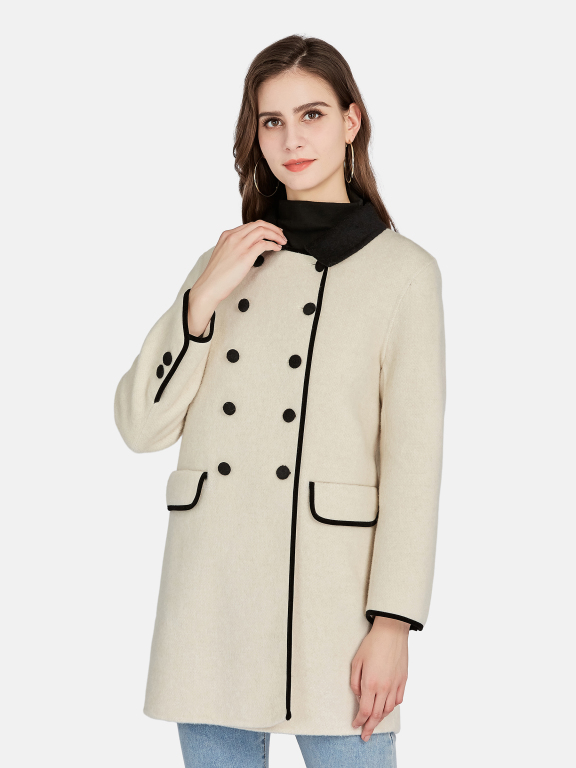 Women's Casual Contrast Collared Double Breasted Mid Length Woolen Coat H809#, LIUHUA Clothing Online Wholesale Market, Women, Women-s-Outerwear, Women-s-Coat