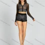 Wholesale Women's Glamorous Plain Rhinestone Sheer Mesh Long Sleeve Zipper Crop Top & Hot Shorts Set xm-170# preview