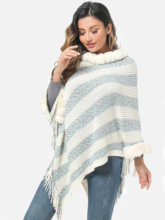 Women's Casual Faux Fur Lined Collar Striped Scarf Hem Cape, Clothing Wholesale Market -LIUHUA, All Categories