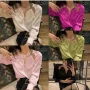 Wholesale Women's Casual Plain Notched Neck Shirt Sleeve Satin Blouse 6601# preview