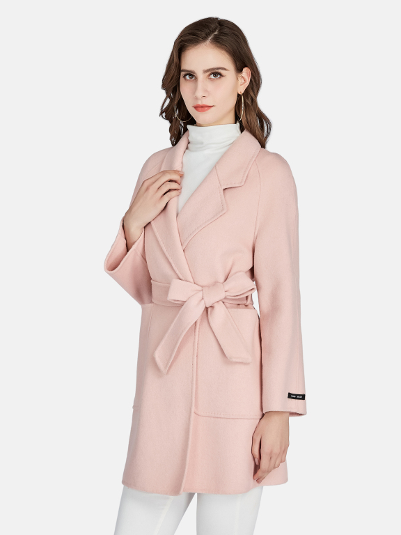 Women's Casual Lapel Tie Front Patch Pokcets Mid Length Woolen Wrap Coat H223#, LIUHUA Clothing Online Wholesale Market, Women, Women-s-Outerwear, Women-s-Coat