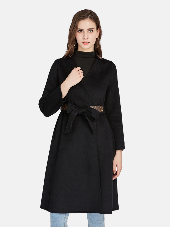 Women's Casual Tie Front Splicing Leather Woolen Wrap Overcoat, LIUHUA Clothing Online Wholesale Market, Women, Women-s-Outerwear, Women-s-Coat