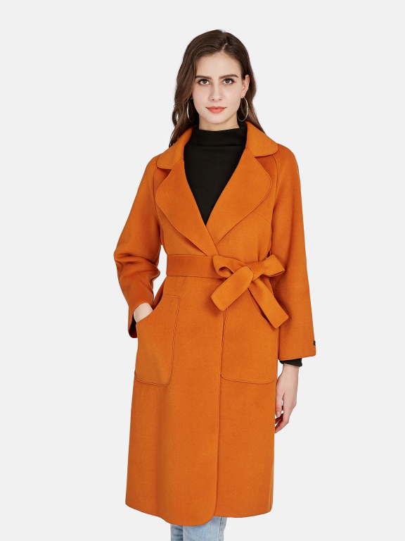Women's Casual Lapel Tie Front Patch Pockets Woolen Wrap Overcoat H002#, LIUHUA Clothing Online Wholesale Market, Women, Women-s-Outerwear, Women-s-Coat