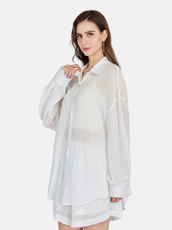 Women's Casual Collared Striped See Through Shirt 2-piece Sets BLY1146#, LIUHUA Clothing Online Wholesale Market, All Categories