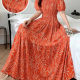 Women's Casual Off Shoulder Puff Sleeve Peplum Shirred Leaf Maxi Dress 887-362# Orange Red Clothing Wholesale Market -LIUHUA