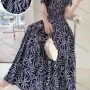 Wholesale Women's Casual Crew Neck Puff Sleeve Peplum Shirred Leaf Maxi Dress 887-363# preview