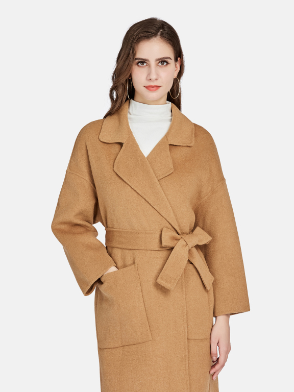 Women's Casual Lapel Tie Front Patch Pockets Woolen Wrap Overcoat 218#, LIUHUA Clothing Online Wholesale Market, Women, Women-s-Outerwear, Women-s-Coat