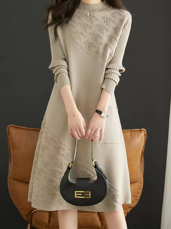 Women's Casual Plain Mock Neck Ribbed Knit Long Sleeve Midi Sweater Dress, Clothing Wholesale Market -LIUHUA, All Categories