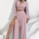 Women's Fashionable Plain V Neck Long Sleeve Tie Back Crop Tops & Split Side High Waist Pants 2 Piece Set ZX-62# 36# Clothing Wholesale Market -LIUHUA