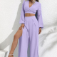 Women's Fashionable Plain V Neck Long Sleeve Tie Back Crop Tops & Split Side High Waist Pants 2 Piece Set ZX-62# 37# Clothing Wholesale Market -LIUHUA
