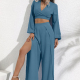 Women's Fashionable Plain V Neck Long Sleeve Tie Back Crop Tops & Split Side High Waist Pants 2 Piece Set ZX-62# 9# Clothing Wholesale Market -LIUHUA