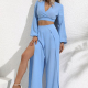 Women's Fashionable Plain V Neck Long Sleeve Tie Back Crop Tops & Split Side High Waist Pants 2 Piece Set ZX-62# Sky Blue Clothing Wholesale Market -LIUHUA