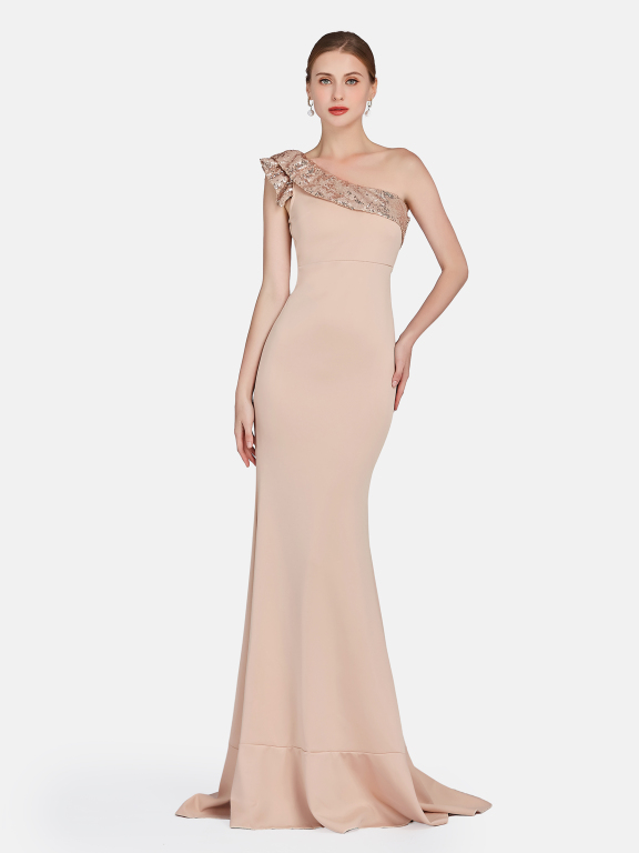 Women's Glamorous One Shoulder Ruffle Trim Sequin Floor Length Evening Dress, Clothing Wholesale Market -LIUHUA, All Categories