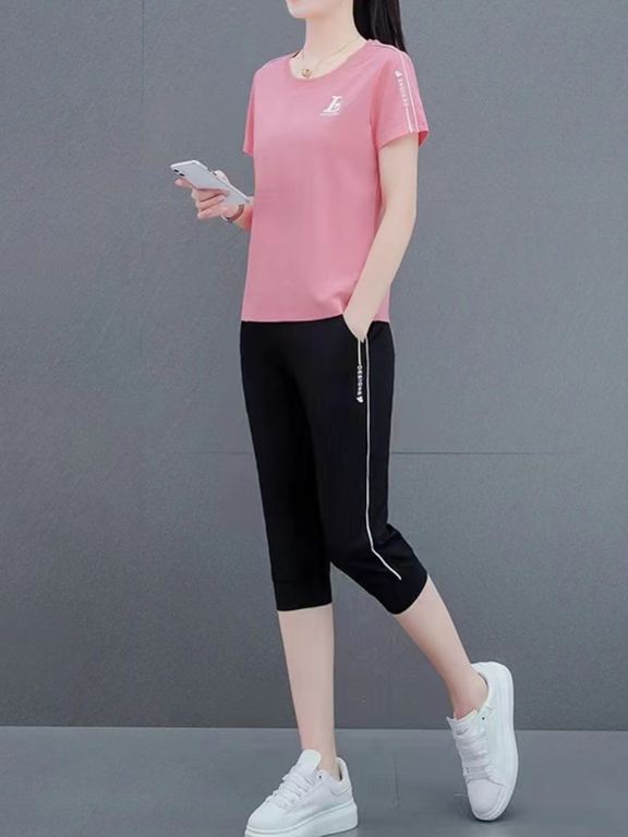 Women's Casual Sporty Striped Crew Neck Short Sleeve Top 2-Piece Set 7210#, Clothing Wholesale Market -LIUHUA, All Categories