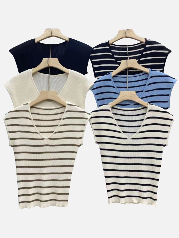Women's Casual Striped V Neck Cap Sleeve Ribbed Knit Woolen Top, LIUHUA Clothing Online Wholesale Market, All Categories