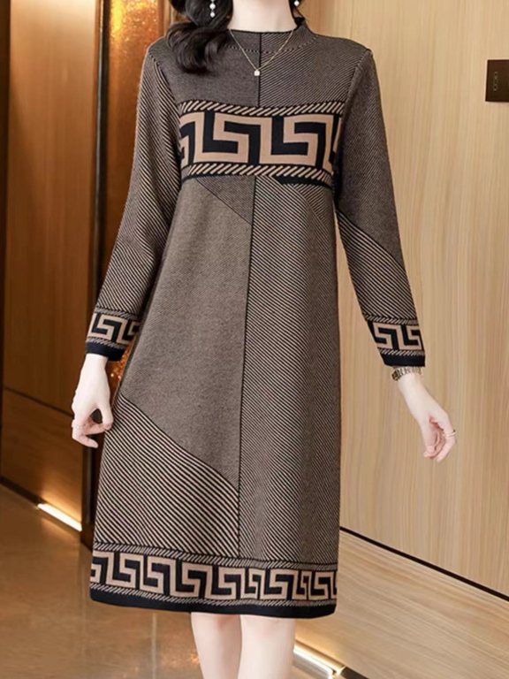 Women's Casual Greek Key Mock Neck Long Sleeve Knee Length Sweater Dress, Clothing Wholesale Market -LIUHUA, All Categories